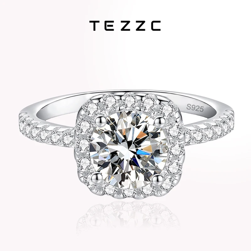 Tezzc Real 1 Carat Round Moissanite Square Ring 925 Sterling Silver Luxury Brilliant Diamond Wedding Finger Rings Band For Women