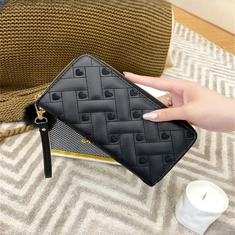Portefeuille femme coeur broderie ligne pochette longue couleur unie fermeture éclair porte-monnaie décontracté mode multicouche carte sac cadeau 2025 nouveau