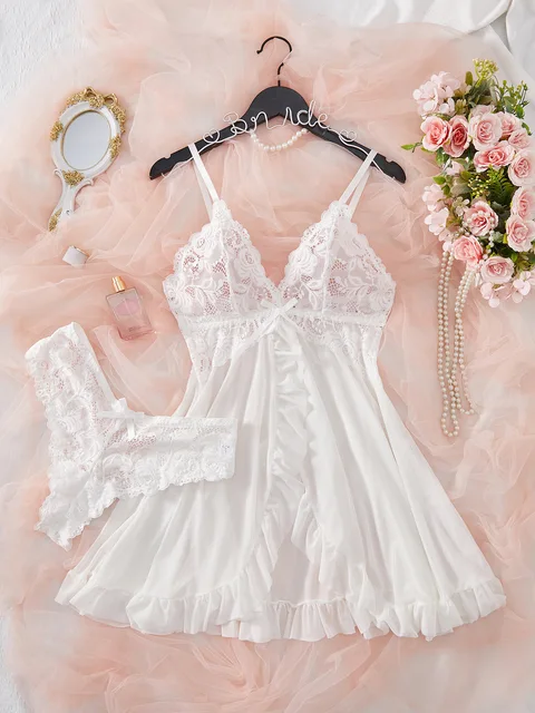 Sexy Lingerie Set Women Erotic Bra Nightdress Sexy Lace Sleepwear Solid Slim Soft Dresses V Neck Full Slip Sleepwear & Dresses – Image 6