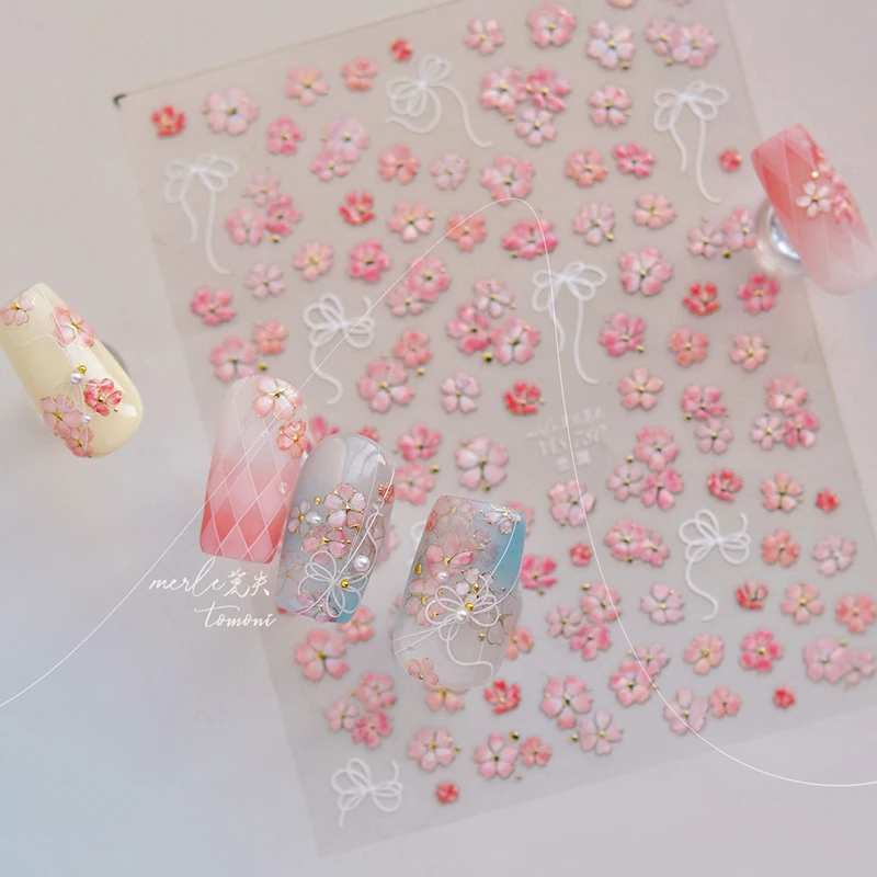 Autocollant pour Nail Art 5D, fleur de cerisier rose Sakura, estampage doré, adhésif doux en Relief, décalcomanies de manucure chics, printemps