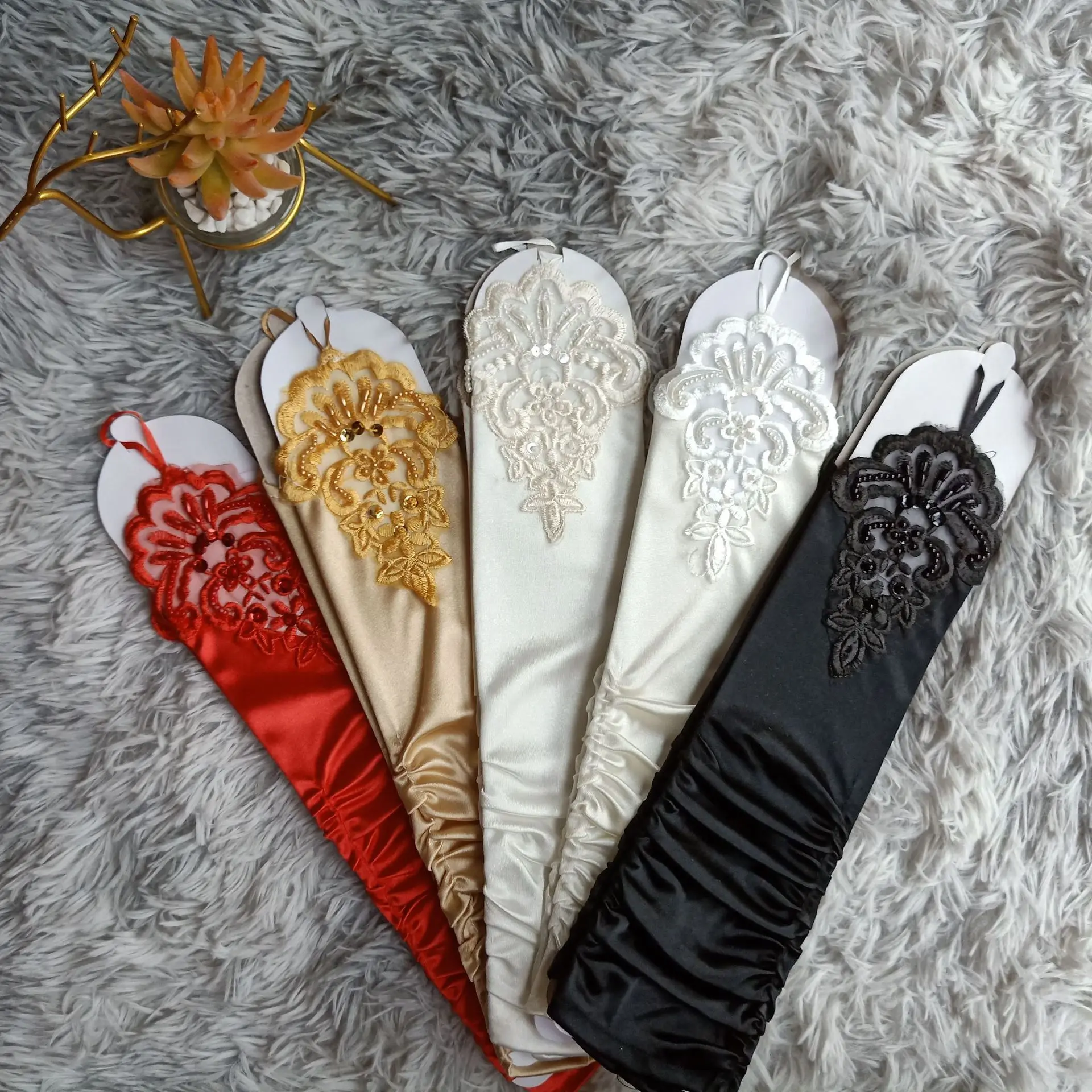 Gants de Patients en Satin pour Femme, Sans Doigts, Blanc, Ivoire, Rouge, Or, Noir, Volants, Longueur du Coude, Perlés, pour Mariage, PromParty