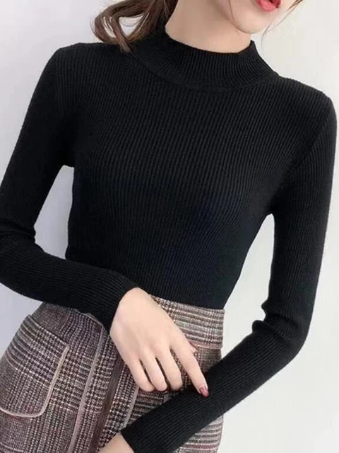 Automne hiver col montant femmes pull Vintage basique solide tricoté hauts décontracté mince pull coréen chandails Simple Chic pulls – Image 5