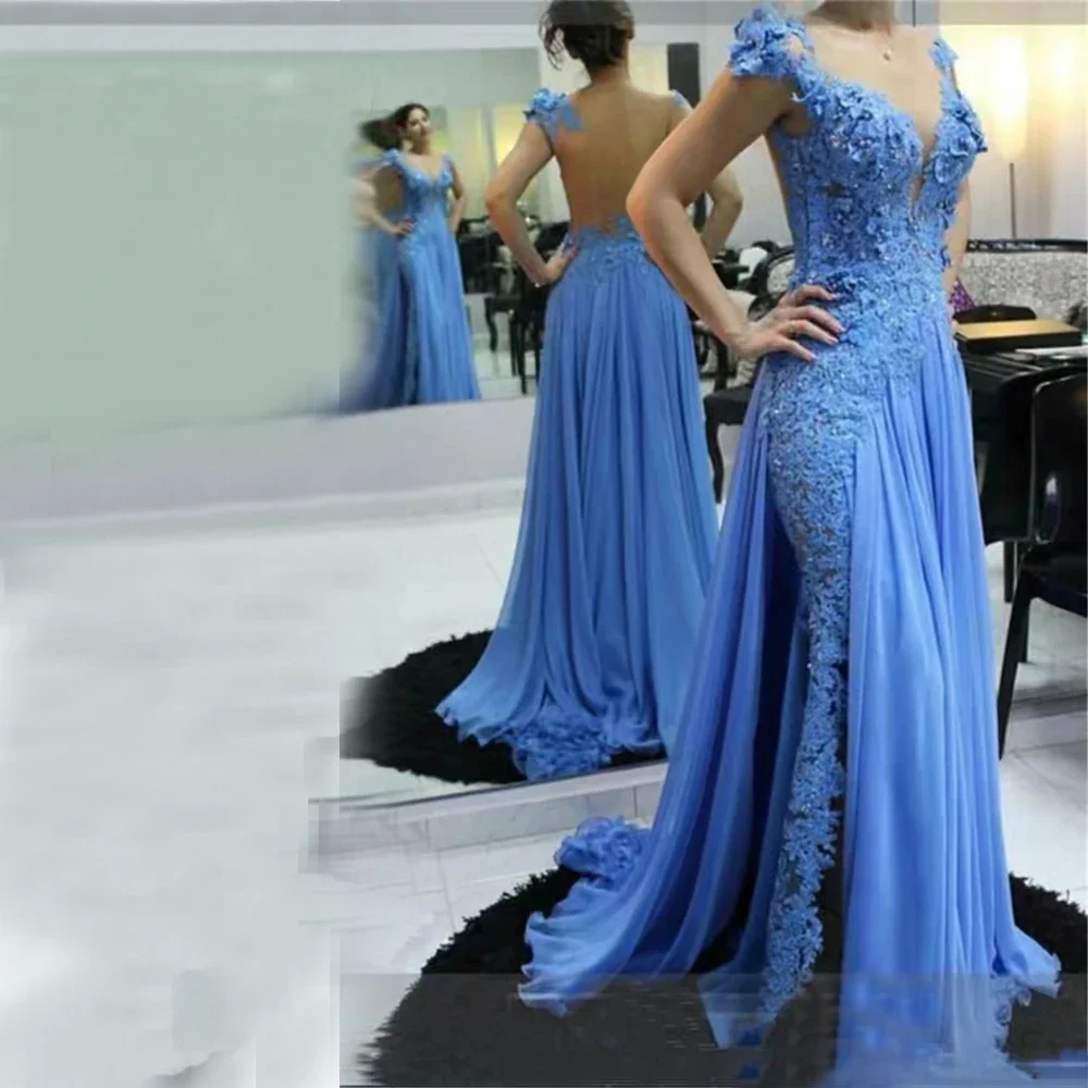 Robes de mère de la mariée en dentelle bleue, appliques de perles, col rond, dos, Icide, fente latérale, soirée, robe de Rh, acheter