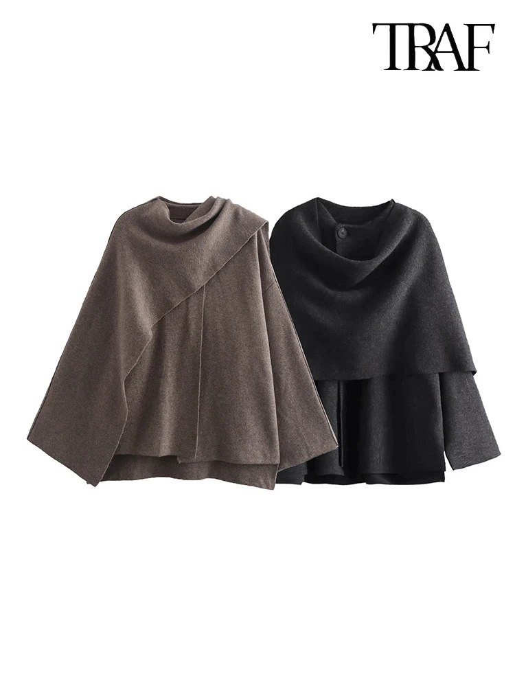 TRAF Women's Fashion Autumn and Winter Chic Scarf Commuter Jacket Long Sleeve Knitted Asymmetric Jacket Sexy Split Hem Loose Short Jacket Street Casual Tweed Coat