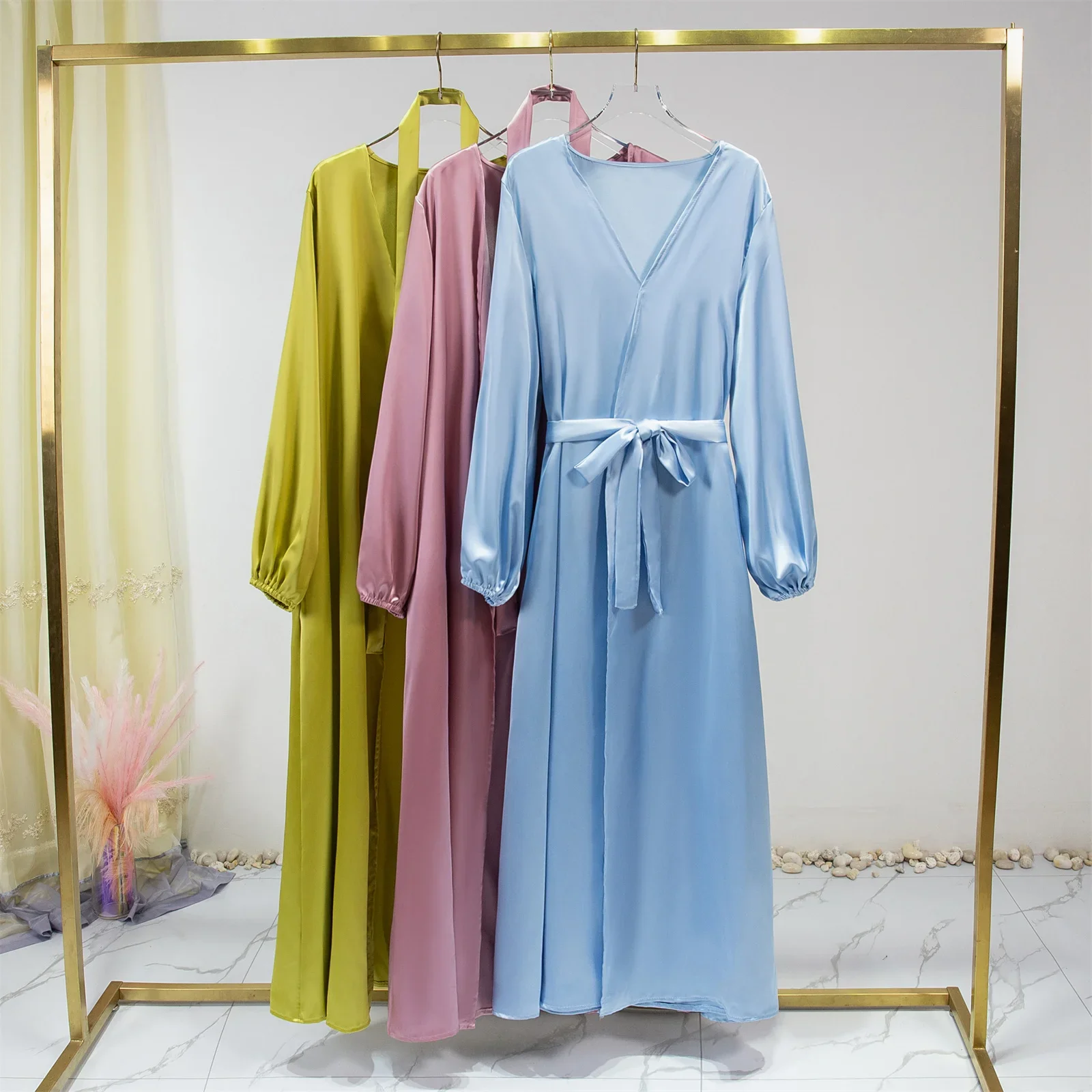 Abayas Musulmanes à Manches Bouffantes et Lacets, Robes Maxi Longueur pour le Ramadan, Kaftan Jilbabs, Abayas Ouvertes Devant, Vêtements d'Extérieur, Cardigan Combiné