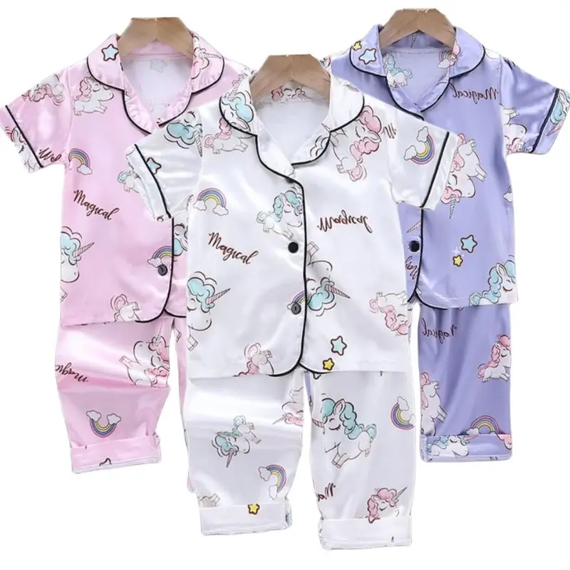 Ensemble pyjama et pantalon pour filles, vêtements d'été climatisés, en Satin de soie Lce, chemise de nuit licorne de dessin animé, tenue 2 pièces