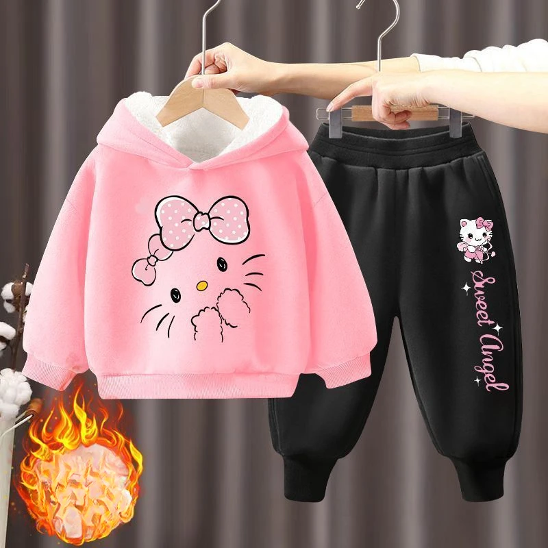 Ensemble de vêtements chauds épais pour enfants, haut à capuche et pantalon Long, Hello Kitty, 2 pièces, survêtement en cachemire pour filles, automne et hiver