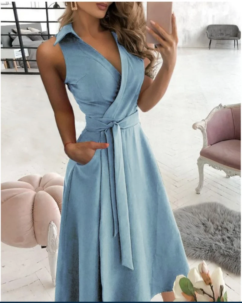 Femmes poche robe mi-longue décontracté femme Sping été col rabattu manches courtes tunique robes portefeuilles