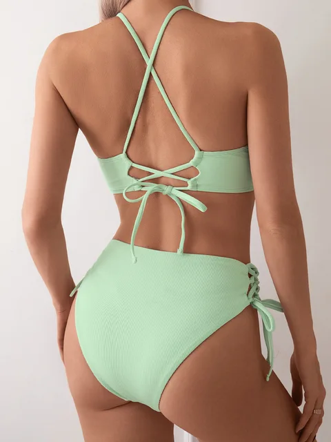 Cikini-ensemble bikini fendu à col en V pour femme, maillot de bain sexy, à lacets, bikini triangulaire, couleur unie, maillot de plage, maillot de bain – Image 4