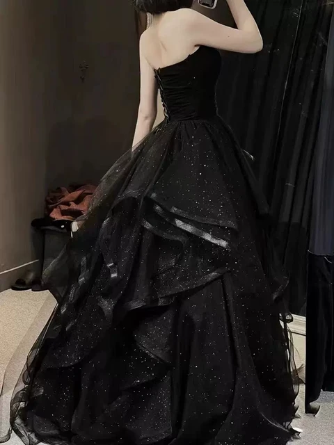Robe de bal noire robe de bal à lacets dos balayage Train robes de soirée robes de soirée robe de Quinceanera – Image 4