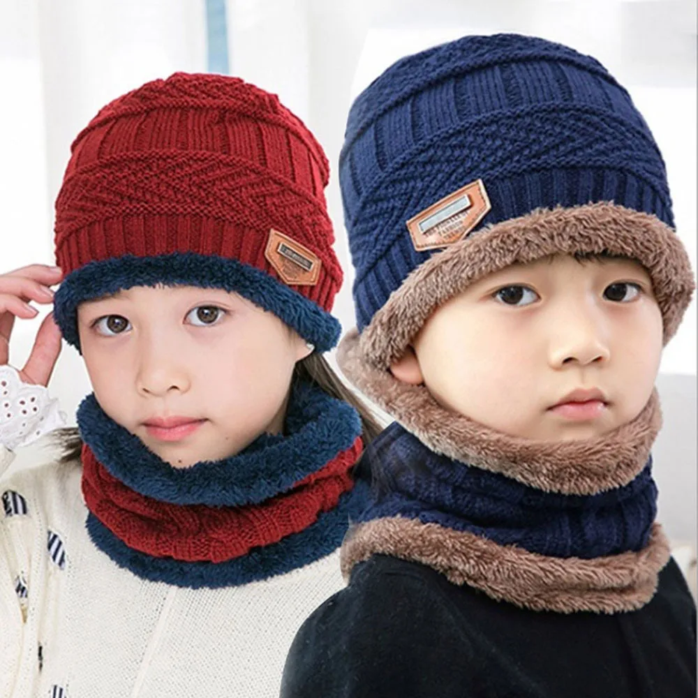 Ensemble bonnet et écharpe en laine doublé Smile pour enfants, chaud, optique en tricot, garçons et filles, hiver