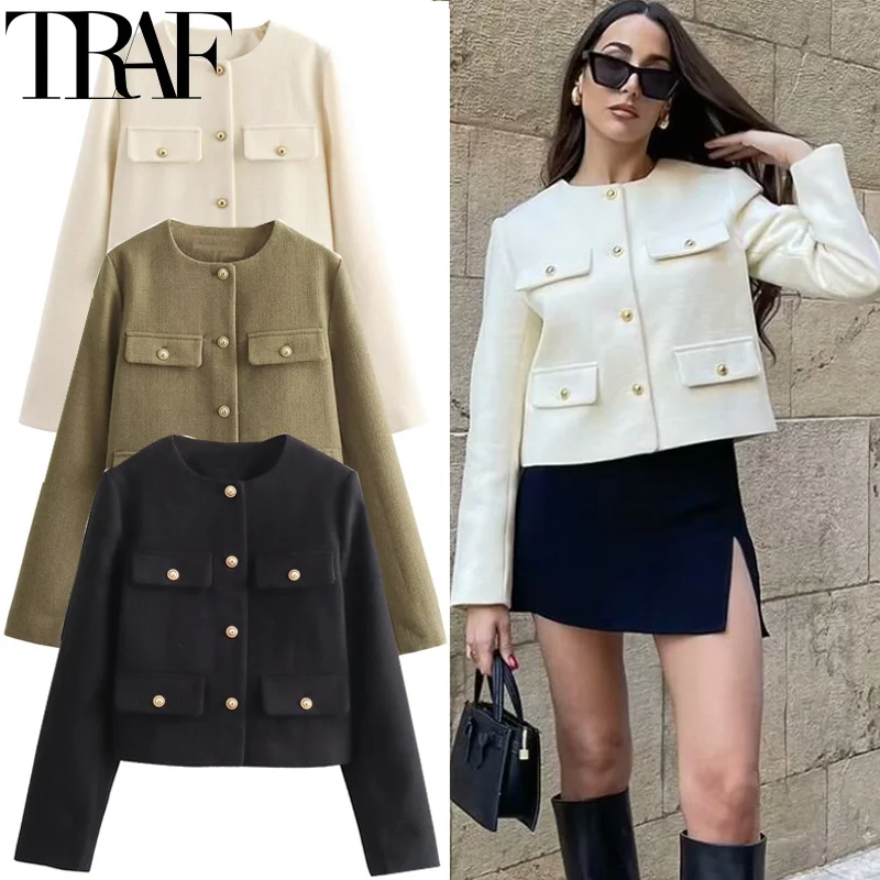 TRAF-Veste Courte à Manches sulfpour Femme, Manteau d'Hiver Élégant, Demi-saison, Bouton, Chester, Automne