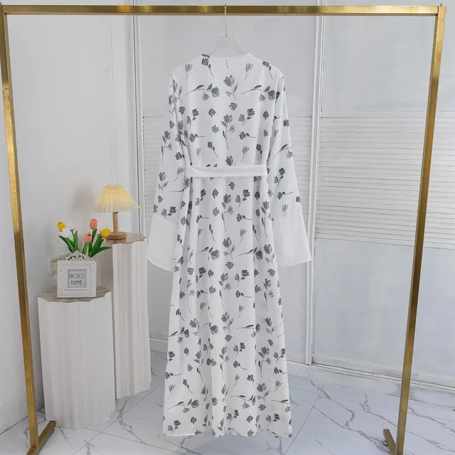 Abaya-Robe longue à manches longues avec ceinture, imprimé floral musulman, devant ouvert, vêtements pour femmes, kaftans, jilbabs – Image 5