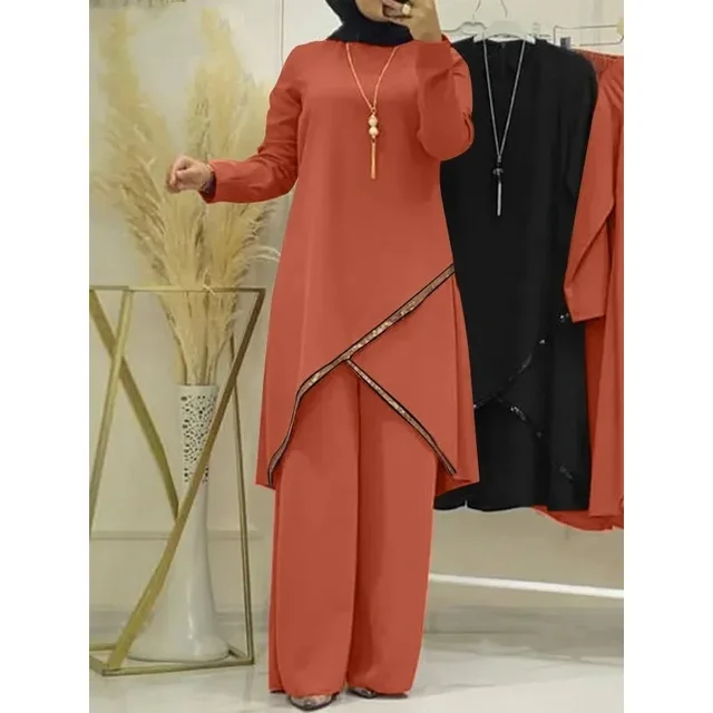 Chemise à manches longues et col rond pour femmes musulmanes, bas à cloche, vêtements islamiques décontractés à la mode, printemps et automne, ensemble 2 pièces – Image 4