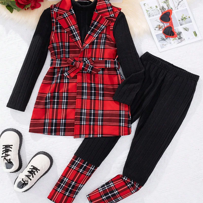 Ensemble trois pièces pour filles d'hiver, mignon et chaud, veste imprimée à carreaux de noël, pantalon à manches longues, robe de princesse pour fête d'anniversaire
