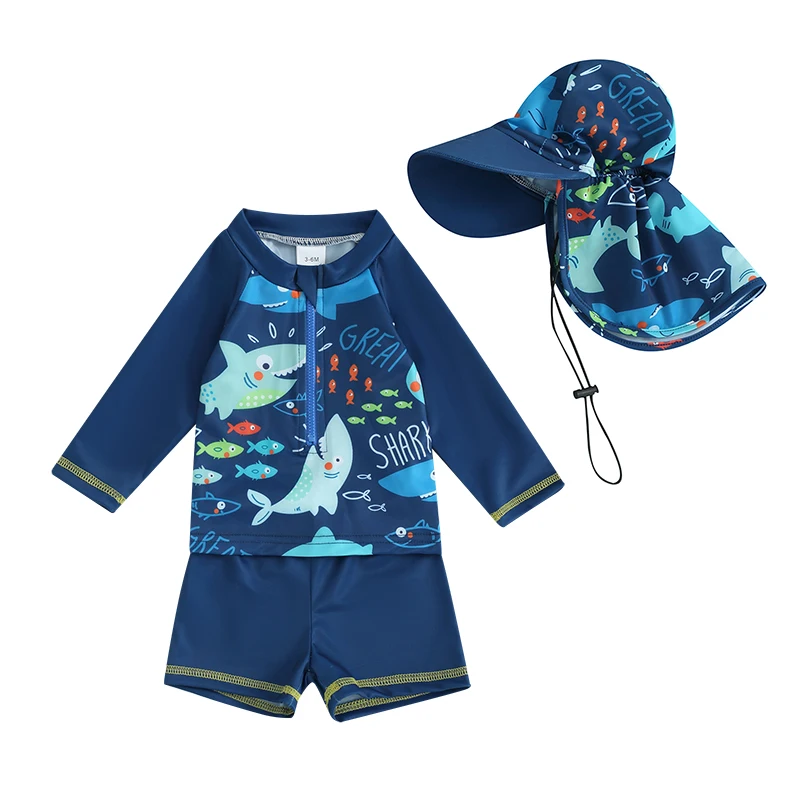 Maillot de bain 3 pièces pour garçons, imprimé poisson mignon, manches longues, fermeture éclair, vêtements de plage, vêtements d'été