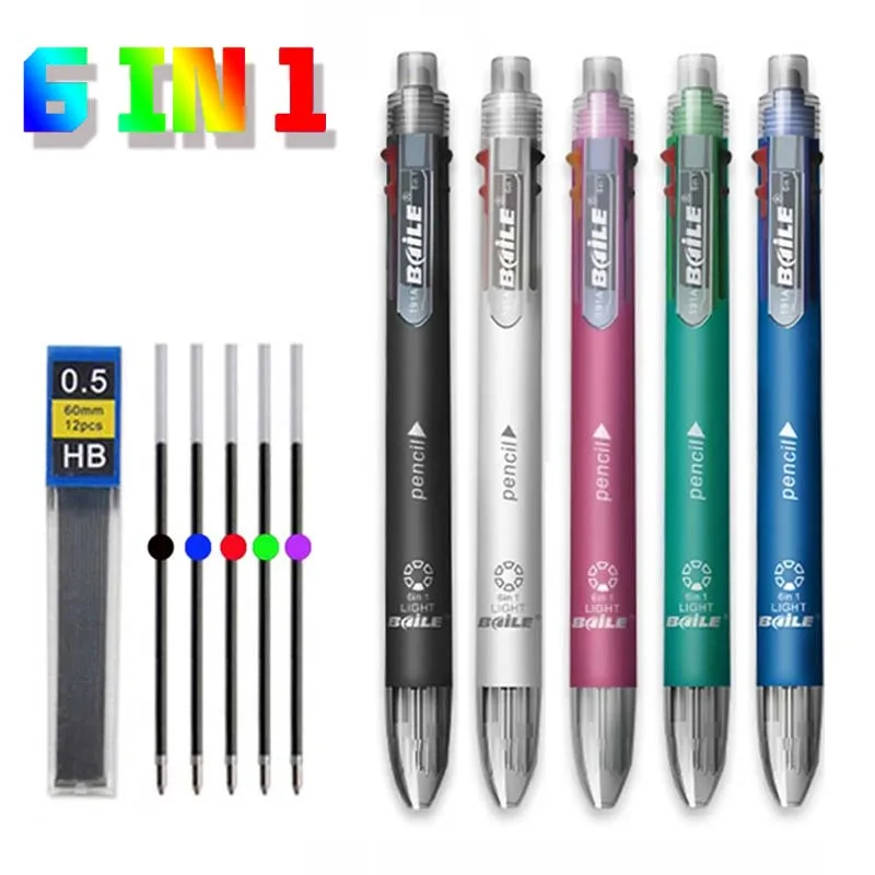 Ensemble de stylos à bille multicolores 6 en 1, avec recharges, stylo à bille 5 couleurs et 1 noyau de crayon, stylo de marquage multifonction créatif
