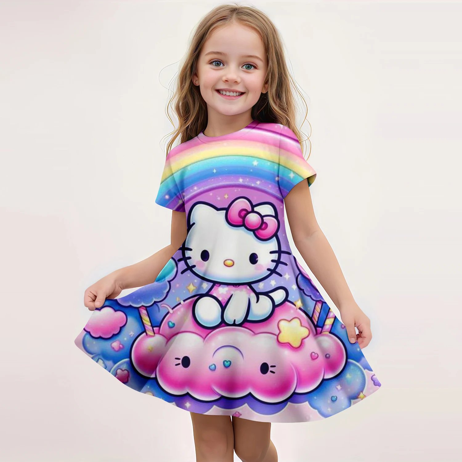 Miniso Hello Kitty nouvelle robe d'été pour enfants 3d imprimé dessin animé fille robe à manches courtes mignon vêtements pour enfants fête