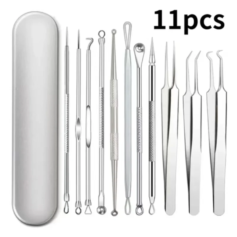 Pincettes pour cheveux incarnés, 11 pièces, aiguilles pour l'élimination des points noirs, nettoyeur de pores, nettoyage en profondeur du visage, outils de soins de la peau