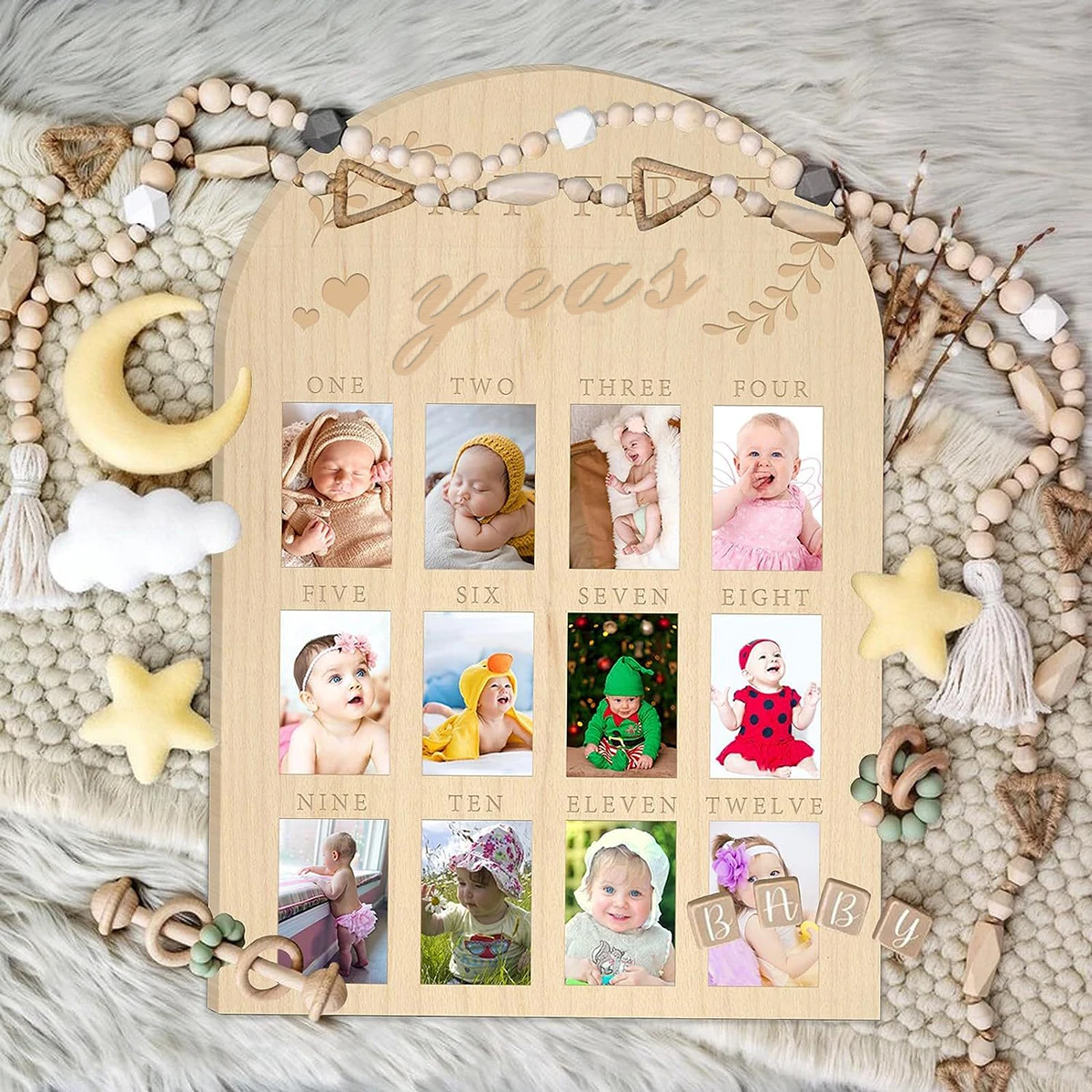 Cadre photo de jalon de première année de bébé, cadre photo en bois avec calendrier pour bébé, cadre photo commémoratif pour bébé