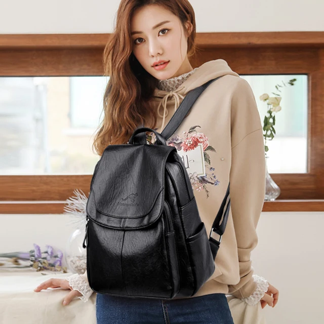 Dames Bookbag sac à dos femmes grande capacité sac à dos sacs à main de haute qualité en cuir femme Vintage sac sacs d'école voyage sac à dos – Image 3