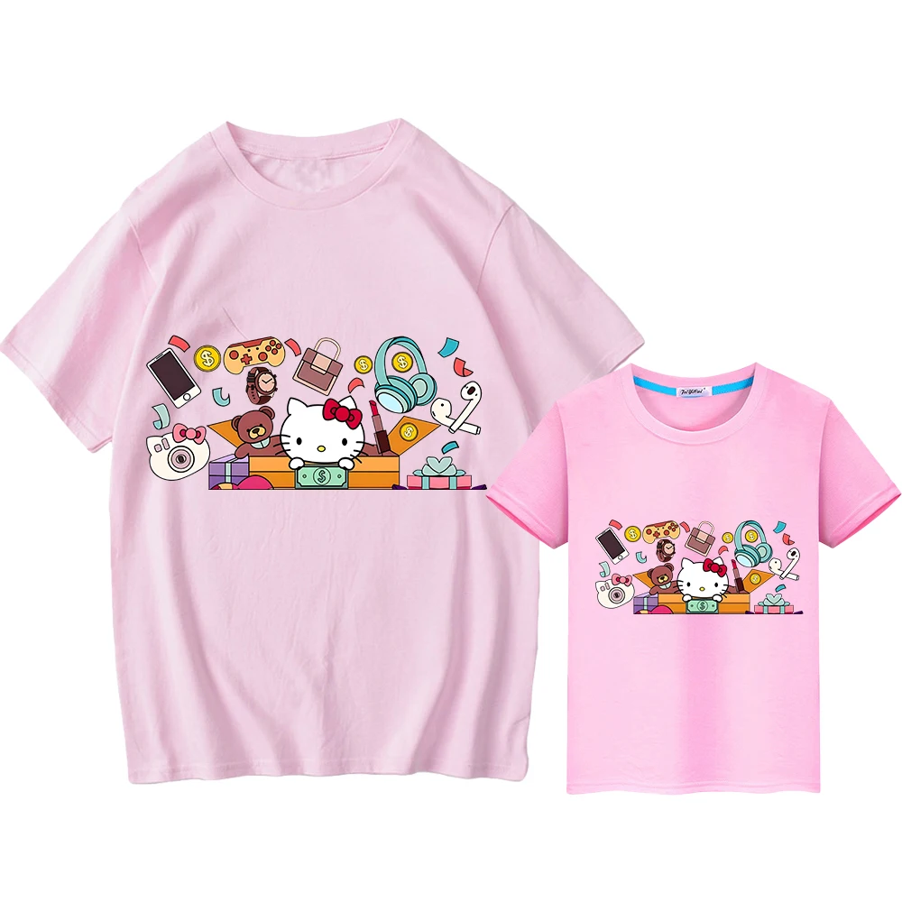 T-shirt Hello Kitty pour hommes et femmes, tenues assorties pour la famille, imprimé 100% coton, Y2K, anime, court, maman, fille, vêtements assortis