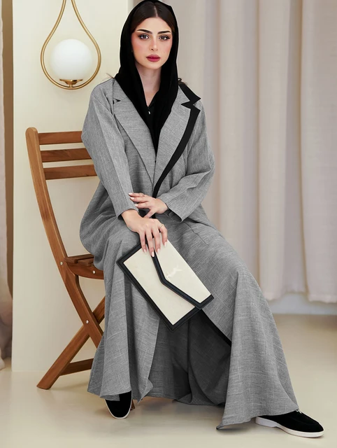 Robe caftan musulmane en mélange de lin, col coloré islamique, manteau long, Abaya Jalabiya, robe éducative, patchwork de Dubaï, Eid