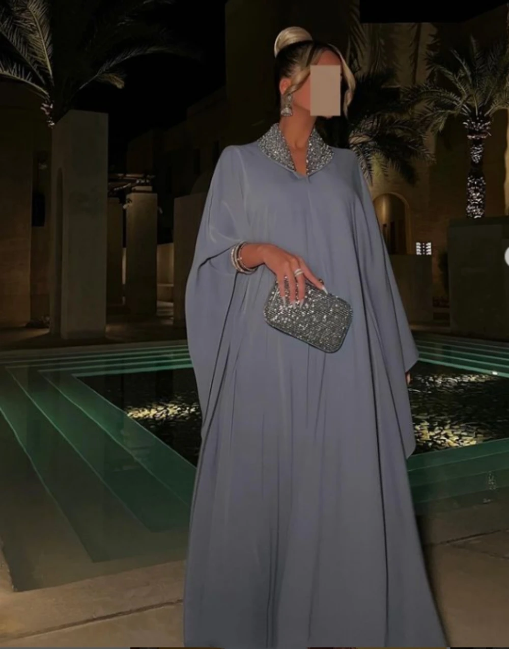 Robe Longue Noire à Manches Évasées et Col en Diamants Brillants pour Femme, Tenue de Soirée et de Cocktail, Élégante