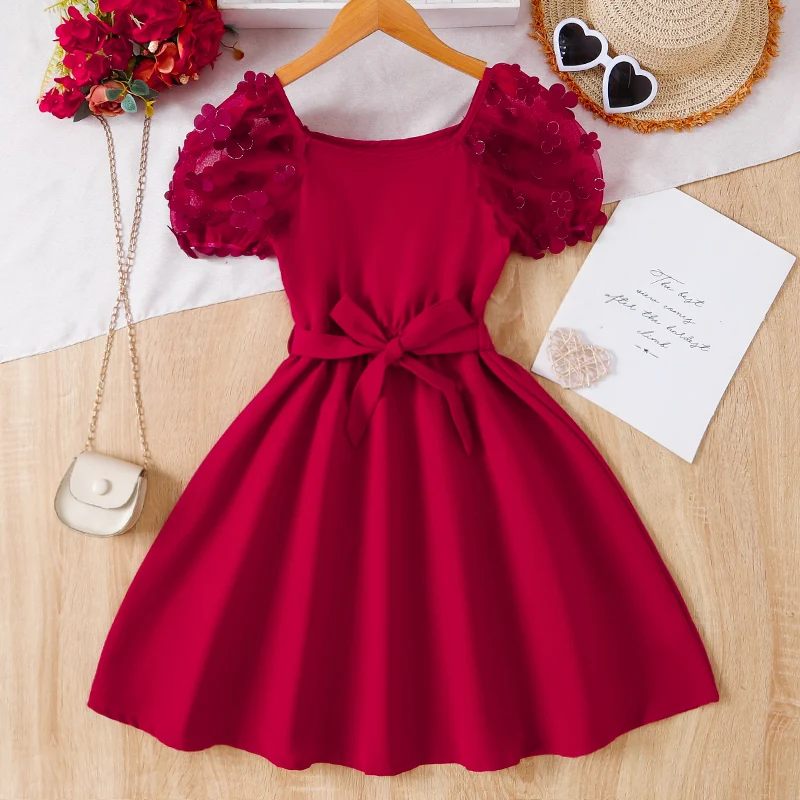 Robe d'été mignonne pour filles, manches en maille, col rond, robe de princesse pour enfants, fête d'anniversaire, mariage, ceinture détachable, robe moelleuse rouge