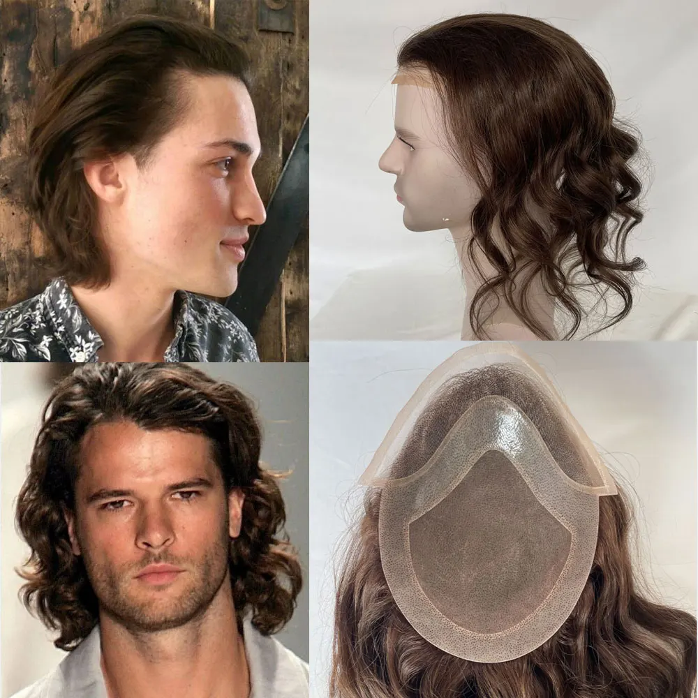 Long Toupee 12 inch 100% European Virgin Human Hair Replacement Systems for Men Mono Lace Top Loose Wave Wigs 10x8in Brown Color