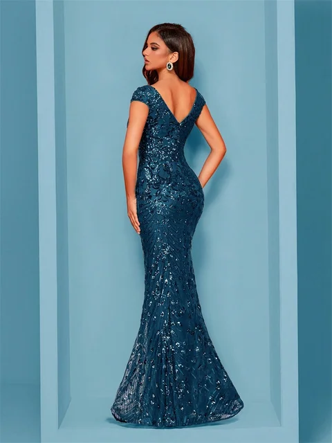 Lucyinlove élégant bleu robe de soirée pour les femmes longue 2025 luxe sirène formelle paillettes bal de mariage fête robes de Cocktail – Image 2