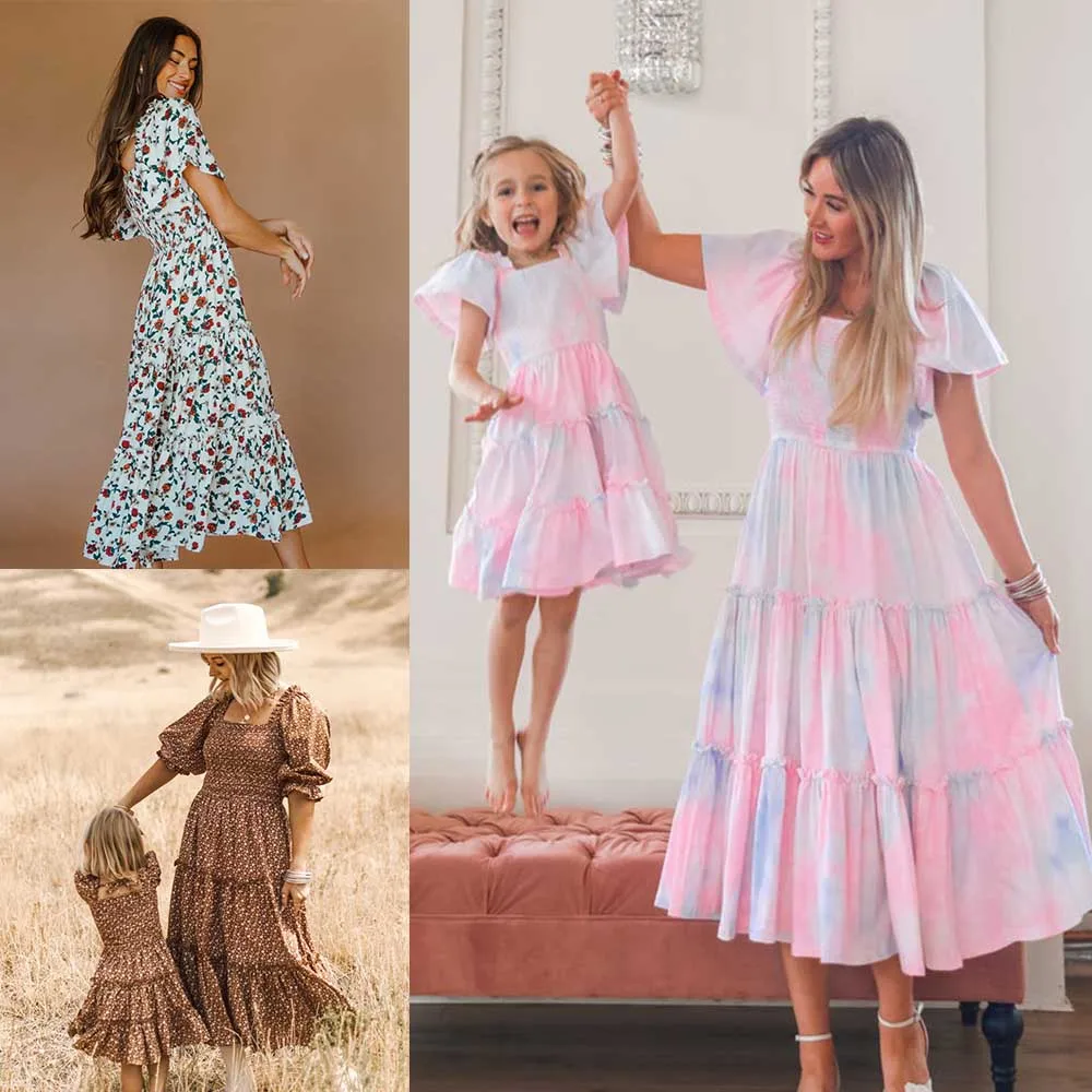 Maman fille robe famille correspondant mère fille robes famille Look vêtements robes florales carré imprimé robes vêtements