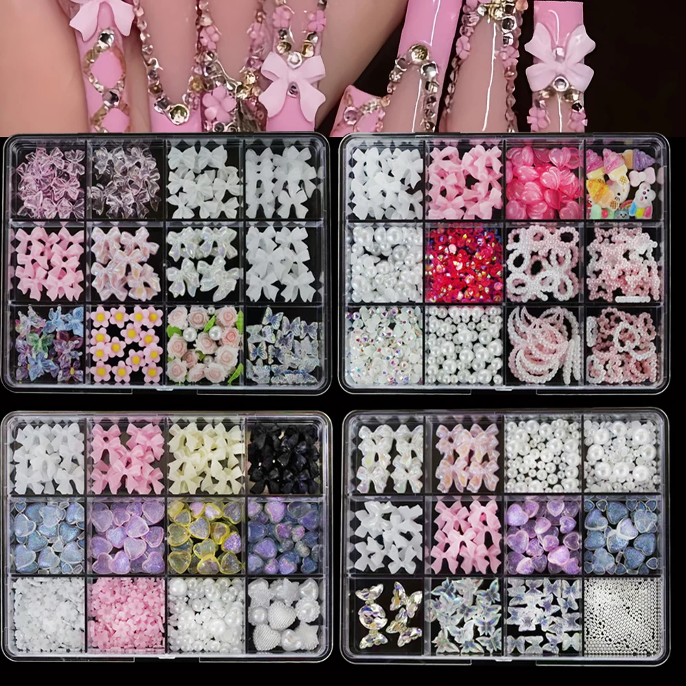Breloques pour ongles 3D, perles rondes à dos plat, nœuds en résine, papillon, fleur, étoile, cœur, lune, bijoux mignons pour décoration Nail Art