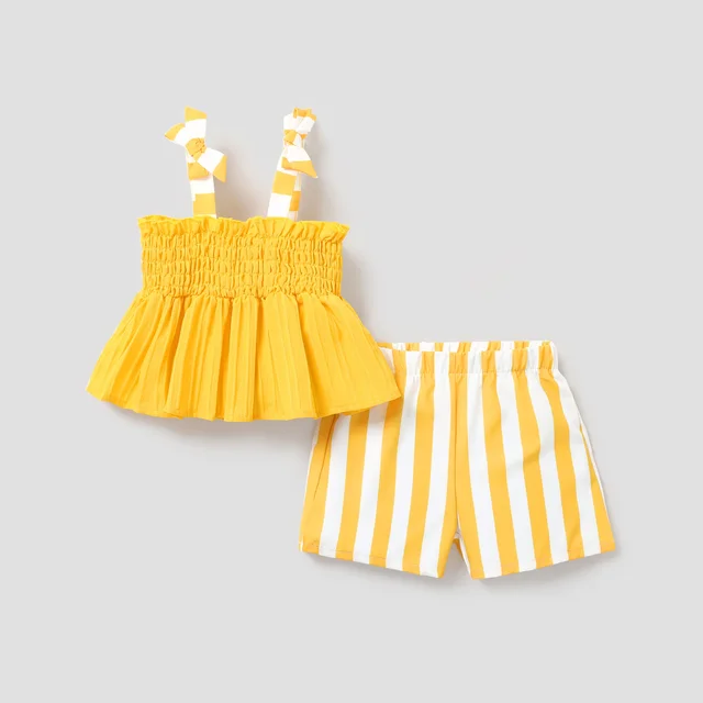 PatPat-Ensemble haut caraco et short rayé pour fille, doux et confortable, adapté à la saison estivale, 2 pièces