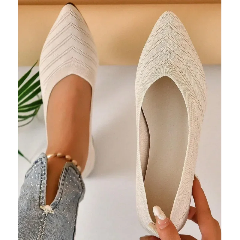 Nouveau 2024 bout pointu plat bureau bateau couleur unie tricoté sans lacet chaussures décontracté ballerines chaussures femmes mocassins Zapatos De Mujer
