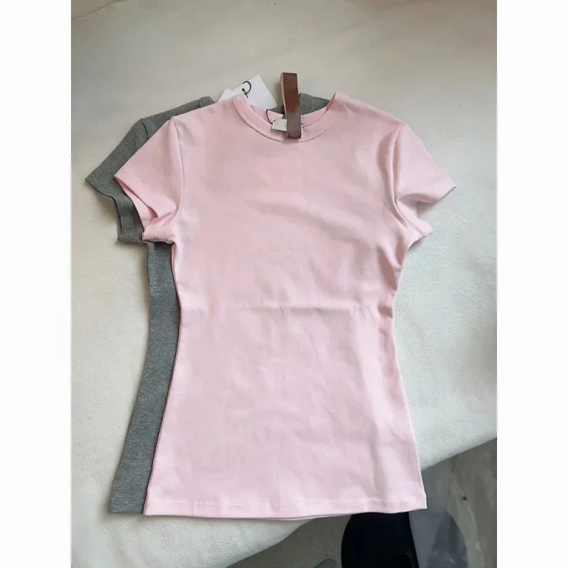 T-shirt rose à manches courtes pour femmes, haut amincissant à col ras du cou, Style américain, doux et épicé, dessin animé, serrage de la taille, amincissant