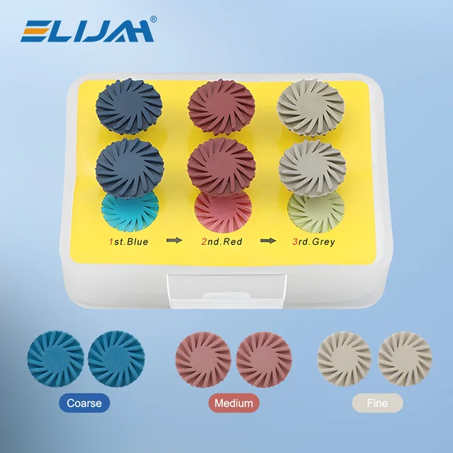 Polisseuse dentaire en caoutchouc, disque de polissage en résine Composite, roue de 14mm, 3 couleurs, brosse flexible en spirale, outil de laboratoire de dentisterie 6 pièces/boîte
