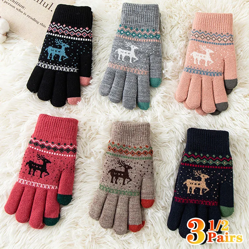 Gants tricotés en forme de cerf d'hiver, épais et chauds, tricotés en forme de cerf de noël, coupe-vent, gants à doigts complets, gants d'équitation en plein air