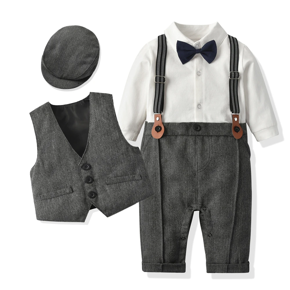 Nouveau-né garçon vêtements formels ensemble infantile garçon Gentleman anniversaire barboteuse tenue avec chapeau gilet à manches longues infantile combinaison costume formel