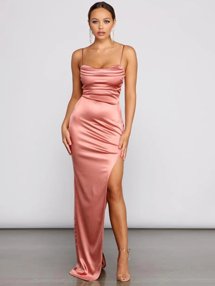 Robe de bal de remise de diplôme rose, Sexy, en Satin, fendue, froncée, pour demoiselle d'honneur, mariage, Cocktail, cérémonie, robe de soirée élégante