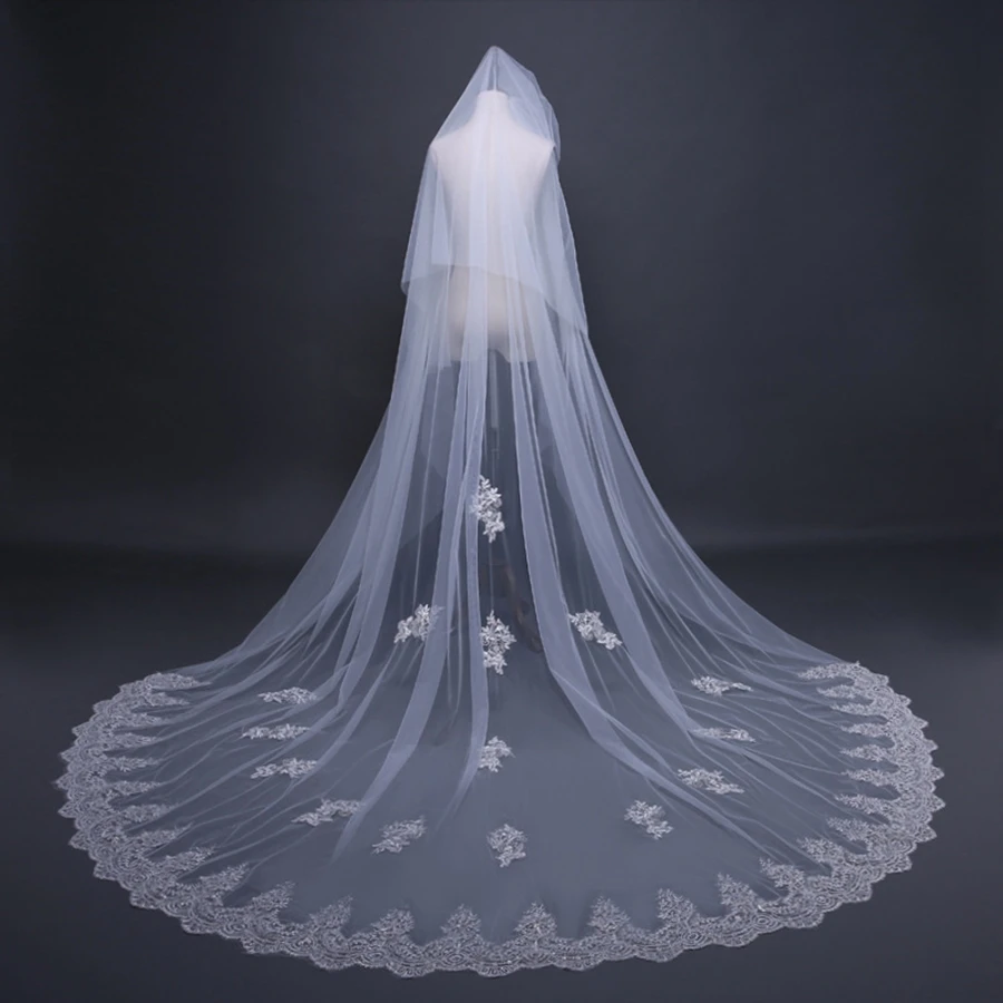 Voiles de mariage cathédrale avec appliques en dentelle, deux couches, sur mesure, bord en dentelle, patients, mariée, offre spéciale, 2025