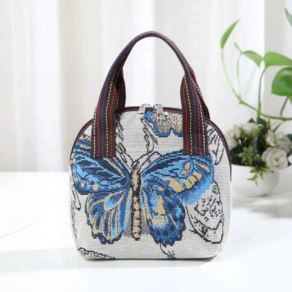 Sac à main brodé papillon avec poignée supérieure, petit sac de rangement pour téléphone, sac à main tissé avec fermeture éclair, sac à main en toile