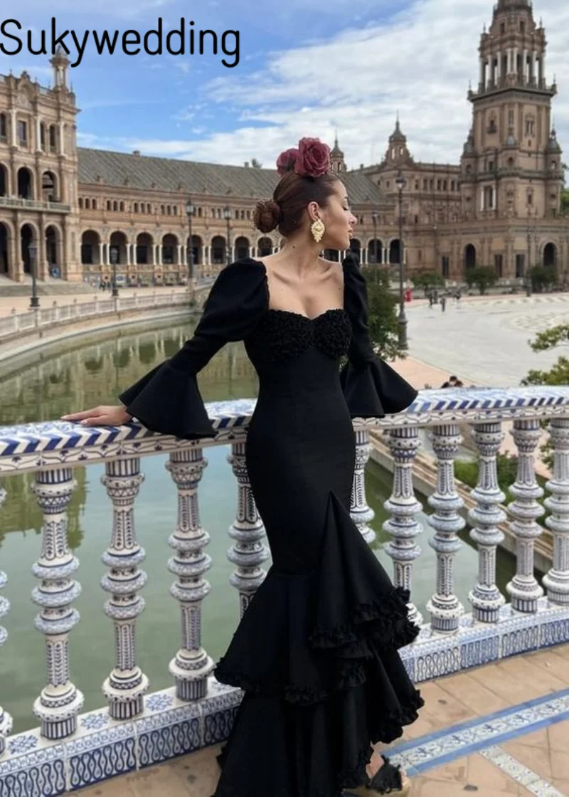 Robe de bal sirène noire, manches longues, à plusieurs niveaux, rétro, robes de soirée formelles pour femmes, robe de soirée espagnole Flamenca