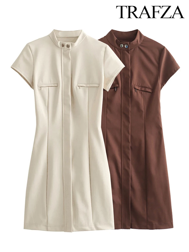 TRAF Women's Summer Office Festival Street Commuter One-piece Dress Lady Party Slim Standing Collar Short Sleeve Waist-slimming Mini Dresses