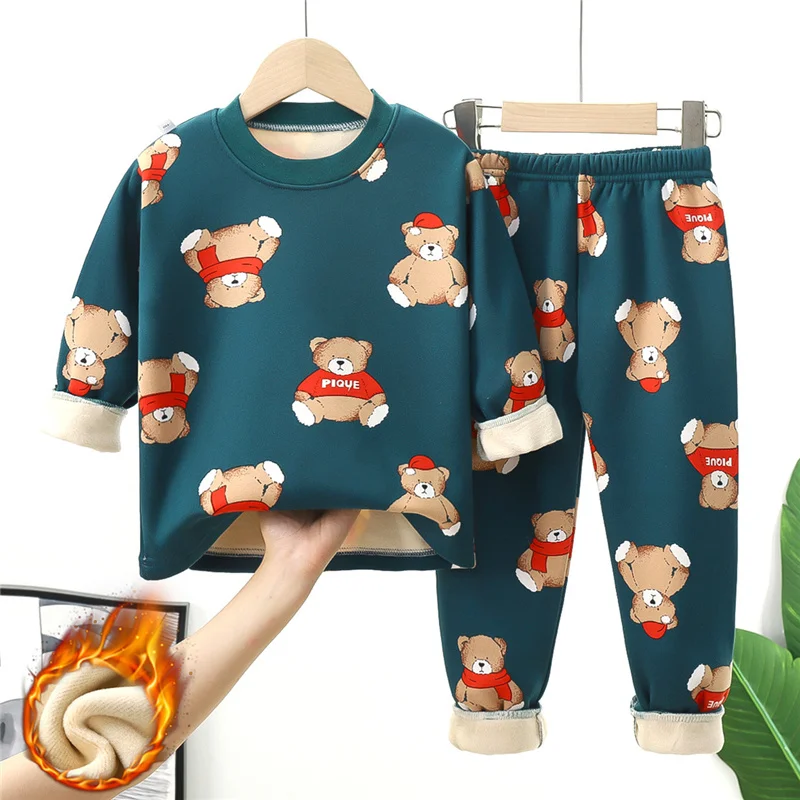 Ensemble pyjama chaud pour enfants, automne hiver, vêtements en velours, costumes pour garçons et filles, pull + pantalon imprimé à la mode, tenues 2 pièces de 1 à 14 ans
