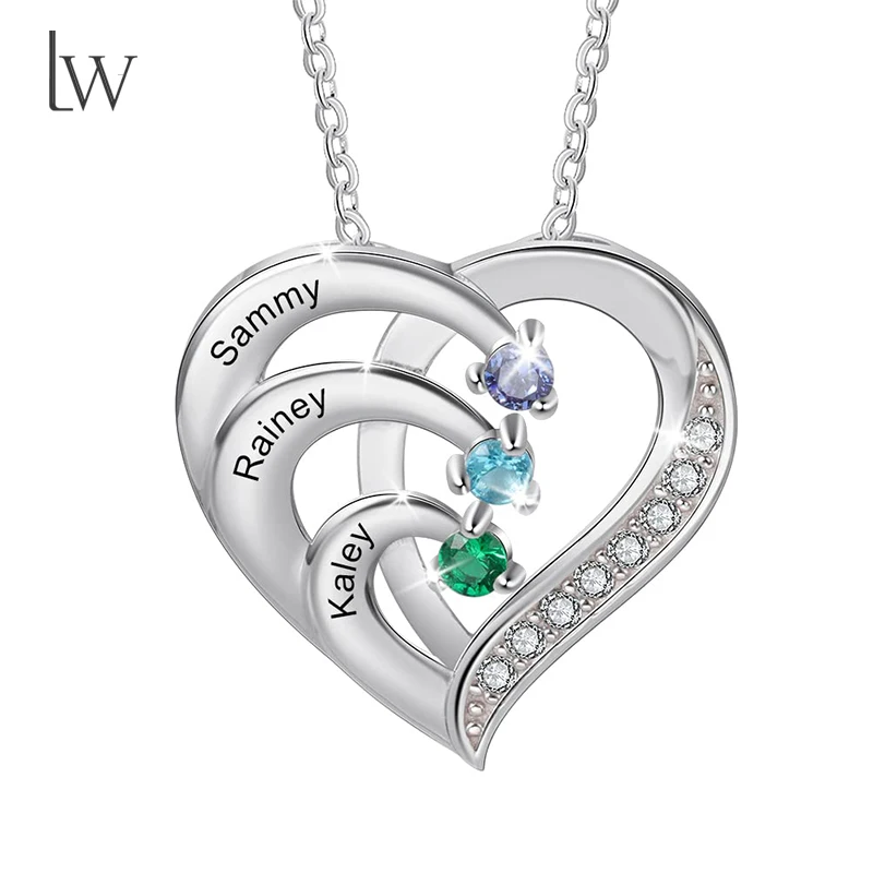 Collier personnalisé avec nom de pierre de naissance pour femmes, noms gravés personnalisés, collier en forme de cœur pour maman, femme, petite amie, cadeaux d'anniversaire