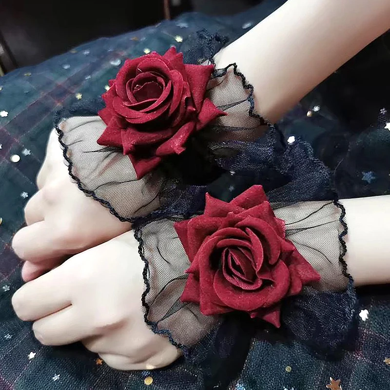 Lolita – gants à manches courtes en dentelle, manchettes de poignet à fleurs de Rose, Bracelet élastique à fleurs à volants, vêtements de Cosplay pour femmes