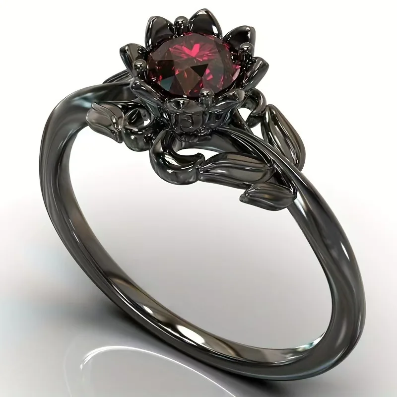Cross-border new jewelry ladies flower ring electroplating gun black European and American hand-inlaid zircon ring