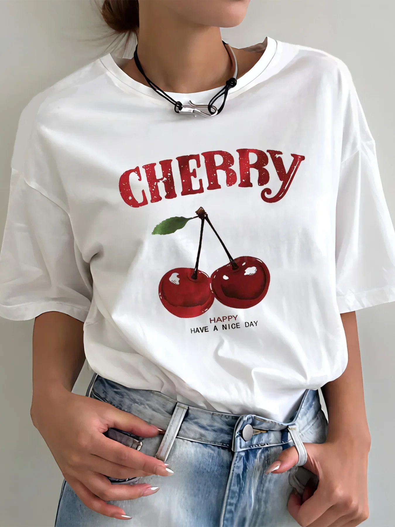 T-Shirt à Col Rond pour Femme, Estival et Décontracté, à la Mode, Blanc Polyvalent, Mignon et Esthétique