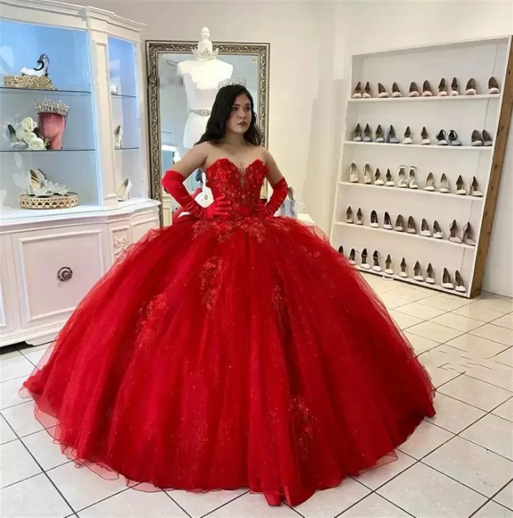 Robe de Bal Rouge Sexy sans Bretelles en Tulle, Tenue de ix, Design Floral 3D, Cendrillon, Anniversaire, Salle de Bain, 15 Pièces
